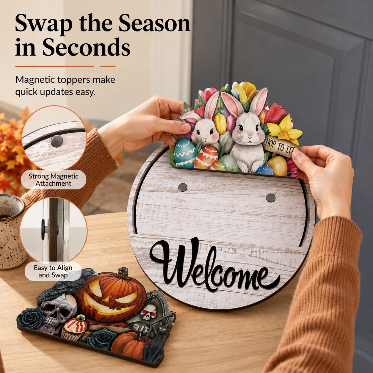⏳ Last Day 49% OFF – 🏡 Interchangeable Seasonal Welcome Door Sign | 12 in Woodgrain-Style Base with Magnetic 3D Toppers for Holidays, Seasons & Celebrations ✨