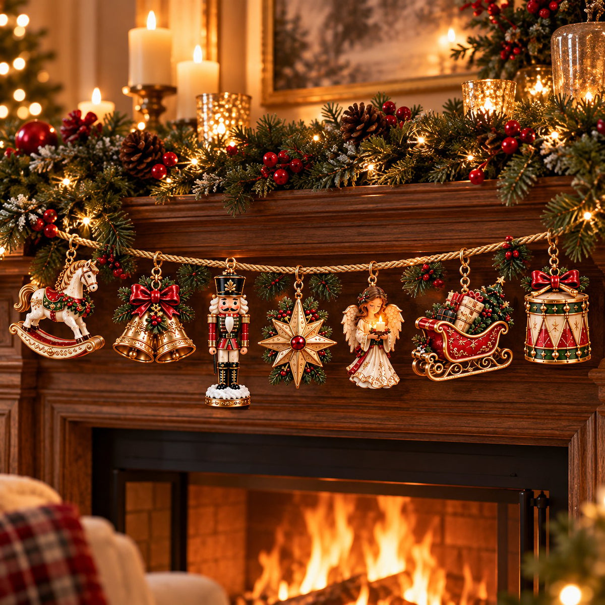 🎄 7-Piece Vintage Christmas Garland | Removable 3D Ornaments