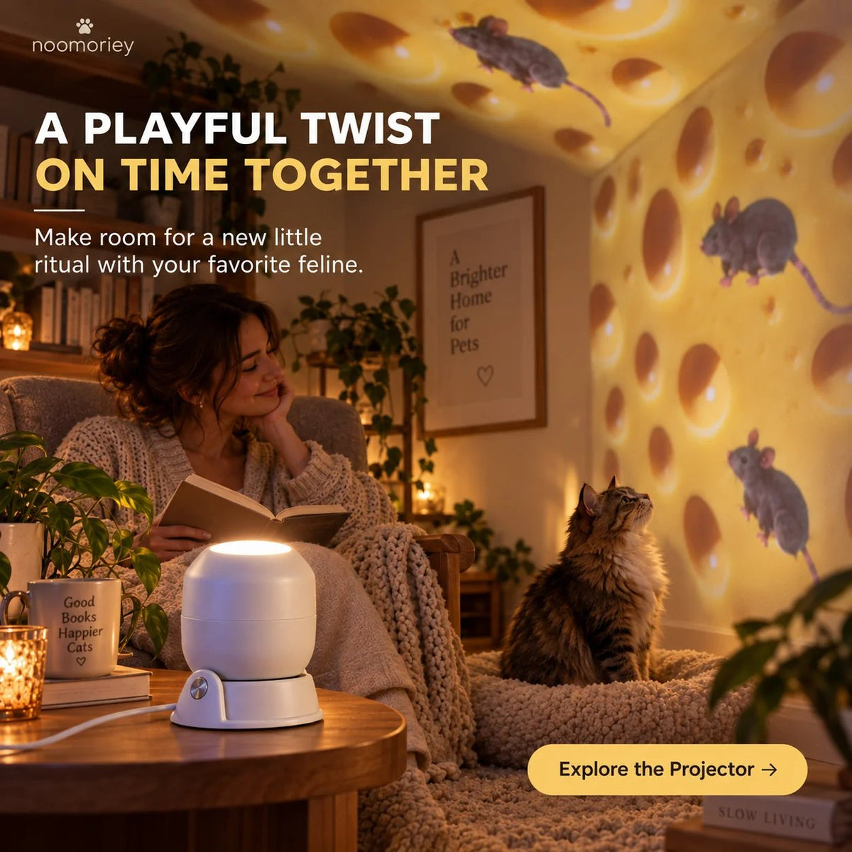 🧀🐈 Cheese & Mouse Cat Projector – Indoor Curiosity Scene
