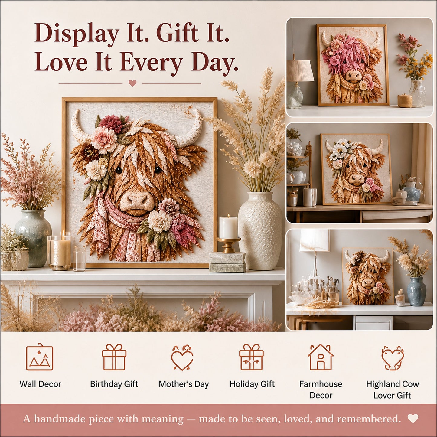 🐮💐🌸 Birth Flower Highland Cow 3D Layered Fabric Art DIY Kit (Beginner-friendly)