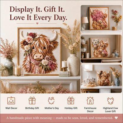 🐮💐🌸 Birth Flower Highland Cow 3D Layered Fabric Art DIY Kit (Beginner-friendly)