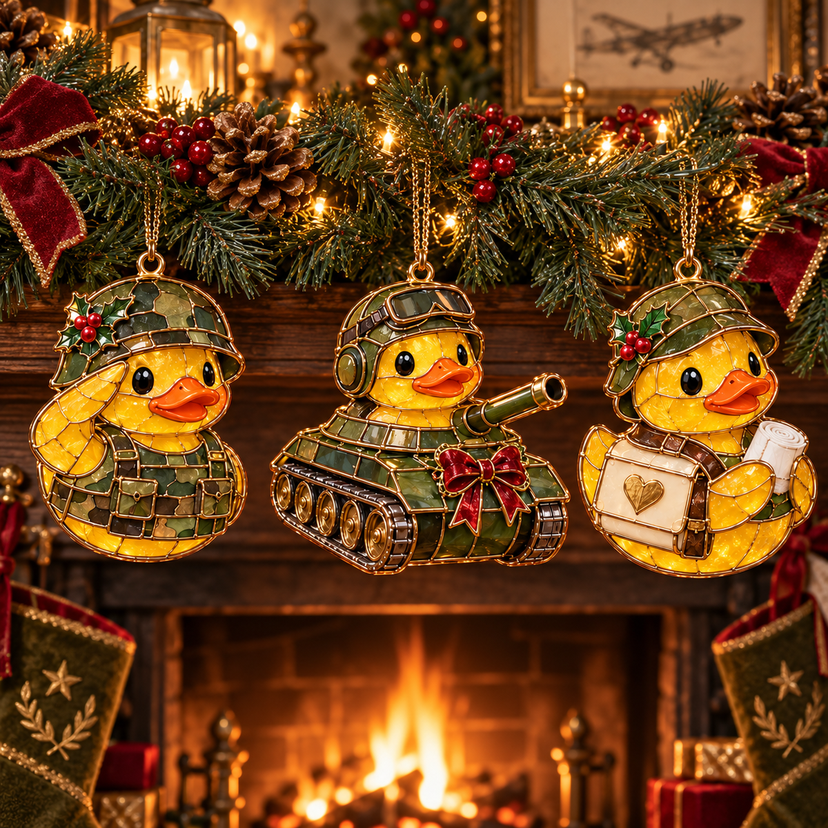 Military Duck Christmas Ornaments – 6-Piece Vintage Stained-Glass Style Gift Set