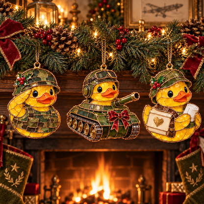 Military Duck Christmas Ornaments – 6-Piece Vintage Stained-Glass Style Gift Set