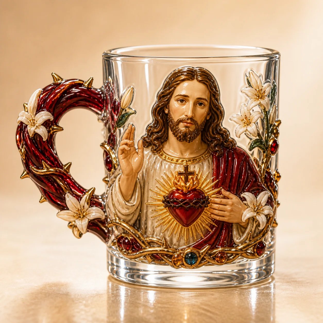 ⏳ Last Day 49% OFF – ✝️ 3D Christian Devotional Glass Mug Collection | 12oz Premium Clear Glass with Raised Jesus & Virgin Mary Figures, Sculptural Details & Jewel-Inspired Accents ✨