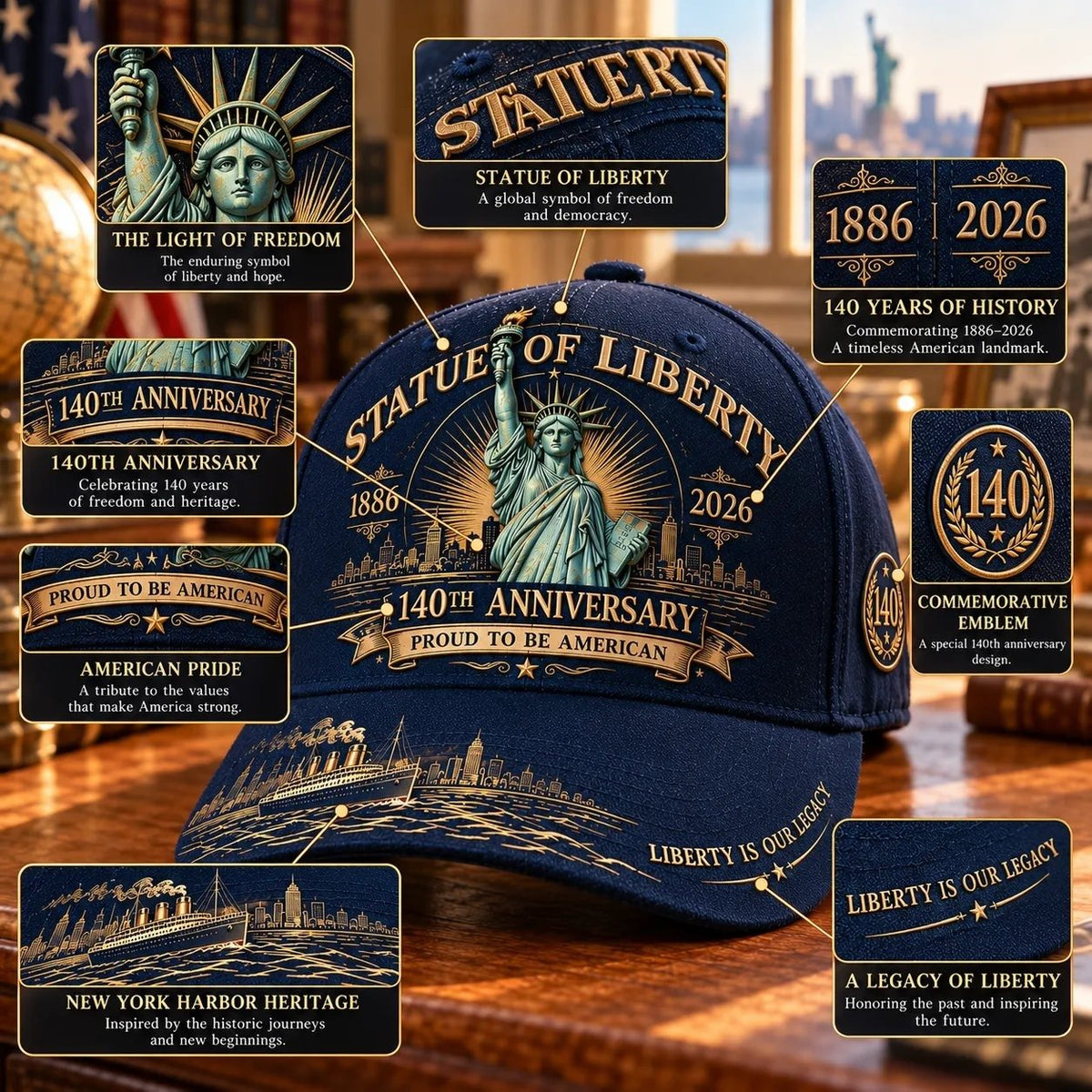 💝LAST DAY 49% OFF - 🗽 Statue of Liberty 140th Anniversary 1886–2026 – Premium Embroidered Heritage Cap | Cotton-Poly Blend • Detailed Embroidery • Adjustable Fit 🇺🇸