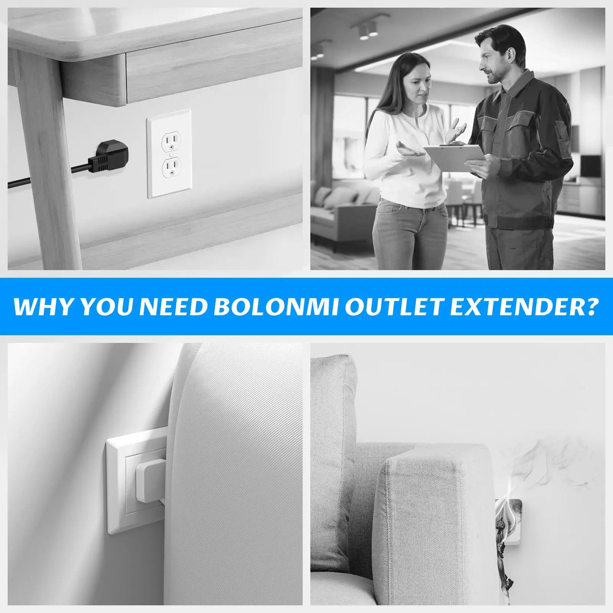 Flexible Outlet Extender with USB-C and USB-A, Rotating Plug, Power Adapter for Behind Furniture Access