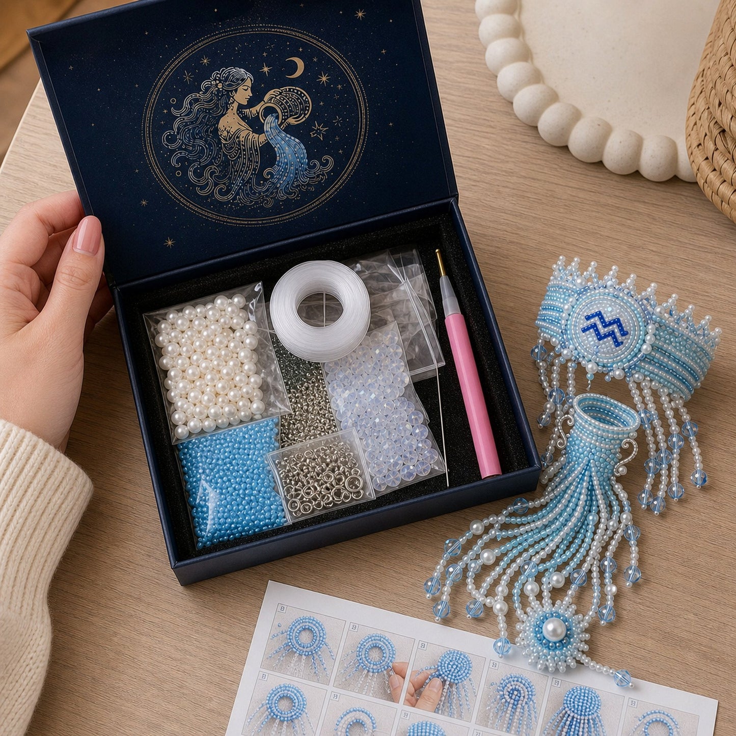 🔥 LAST DAY 49% OFF – ✨ Zodiac DIY Beaded Hand Bracelet Kit | Create Celestial Wearable Art with Seed Beads, Pearl-Style Accents & Crystal Details ♈🌙💎