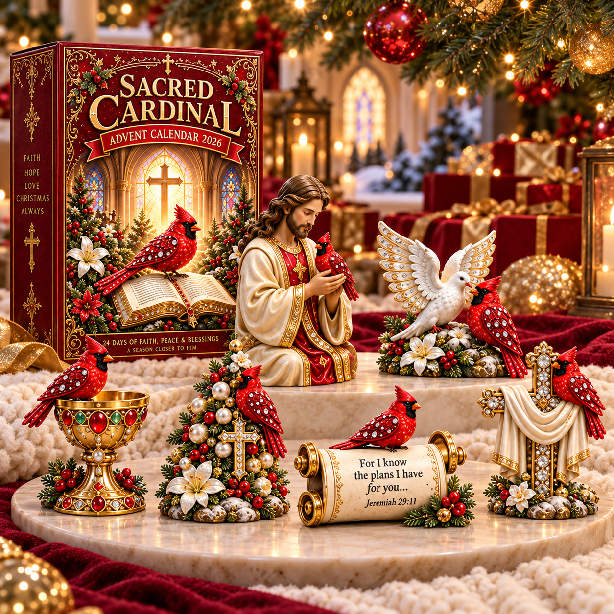 Sacred Cardinal calendar with Christian figurines under a Christmas tree