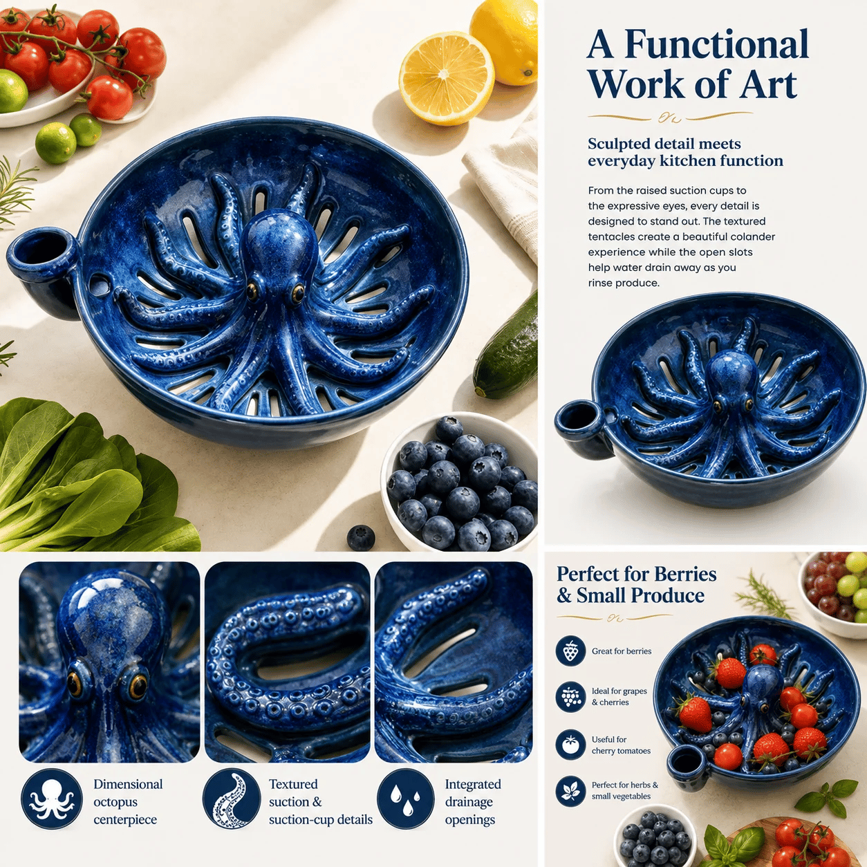 Bold Indigo Octopus Berry Colander