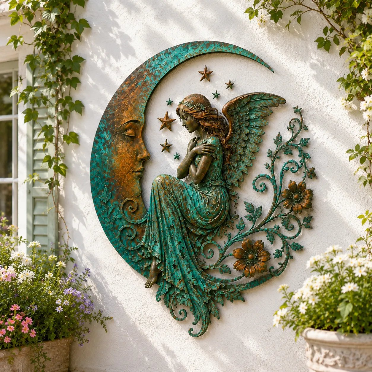 🌙 Crescent Moon Marian Botanical Metal Wall Art | Layered Virgin Mary, Raised Roses & Stars with Turquoise Patina and Copper-Tone Finish ✨