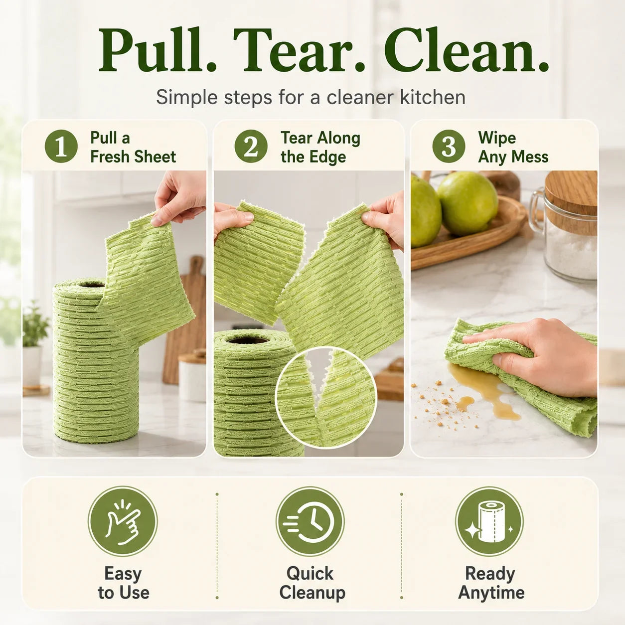 🍃 Bamboo Fiber Cleaning Cloth Roll – Thick Absorbent Tear-Off Kitchen Towels for Grease, Spills & Everyday Cleaning