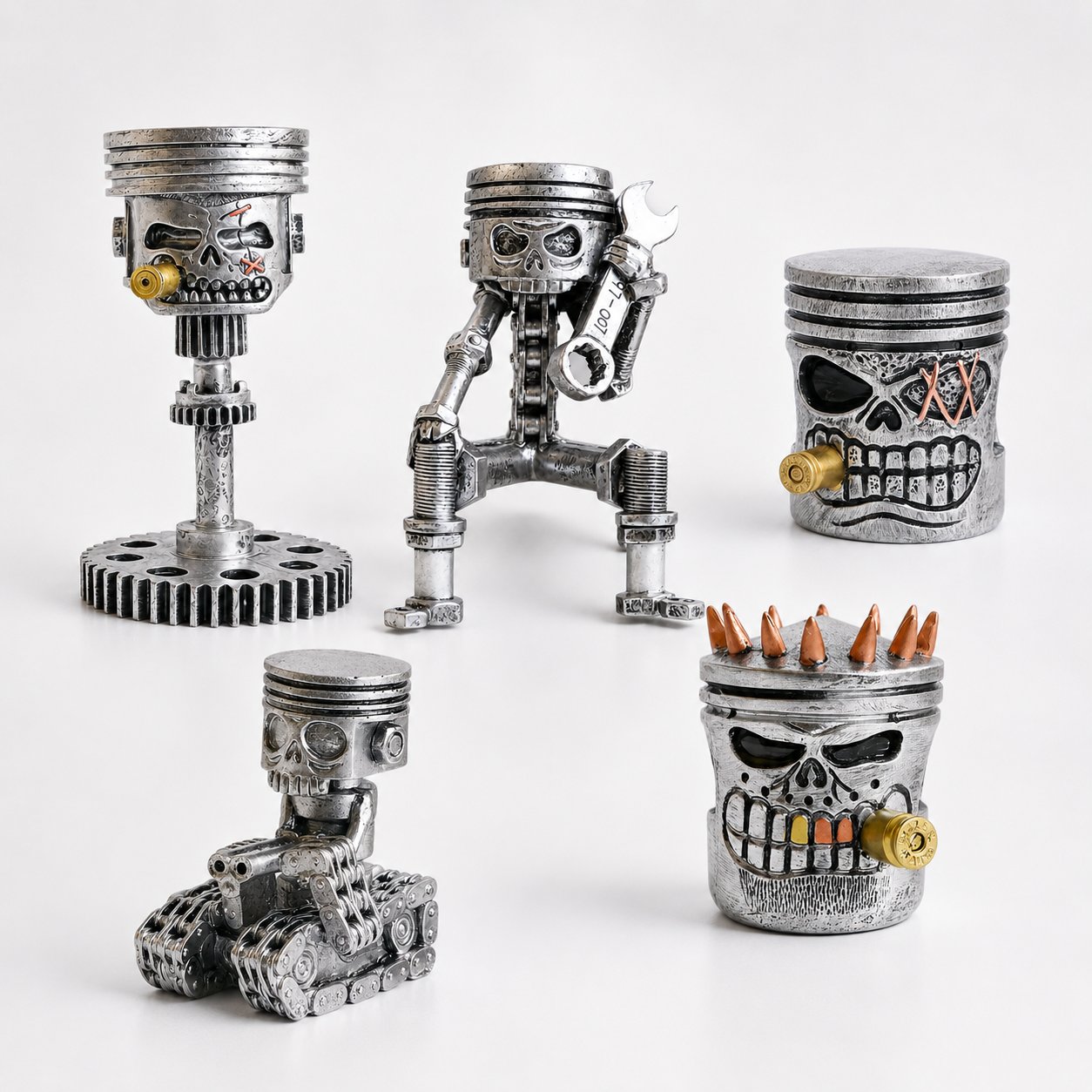 💀 Industrial Mechanical Skull Resin Sculpture – Gear, Wrench & Chain Gothic Décor