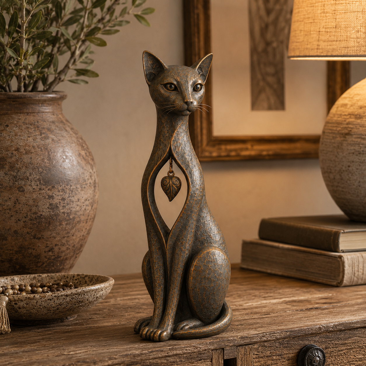 Vintage Bronze Cat Sculpture with Hanging Leaf Charm