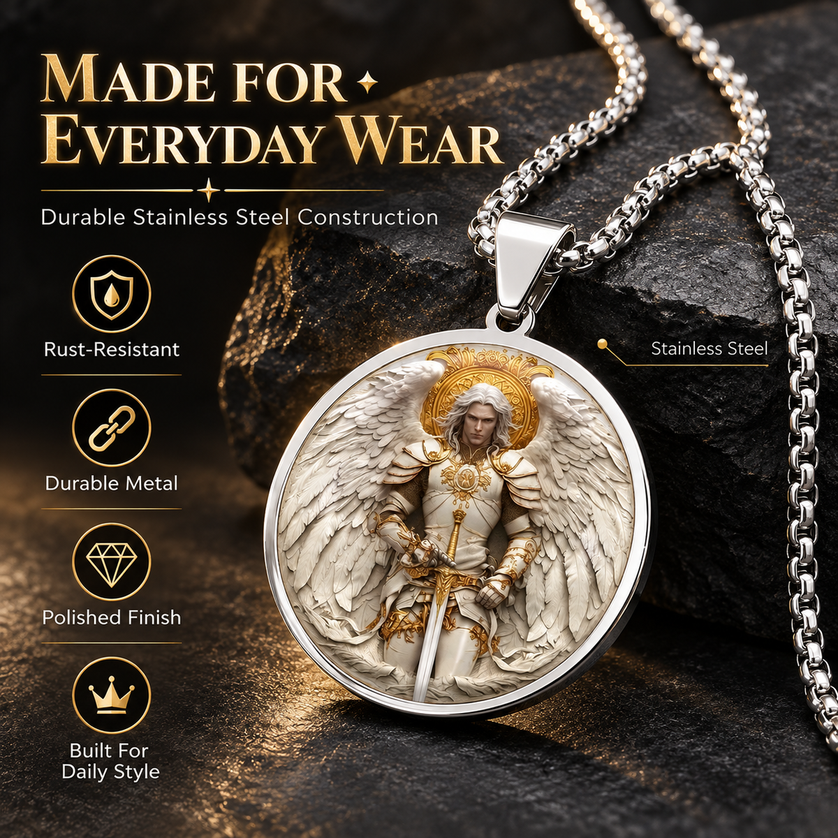 ⚔️ Angel Warrior Pendant Necklace for Men – Faith-Inspired Gift