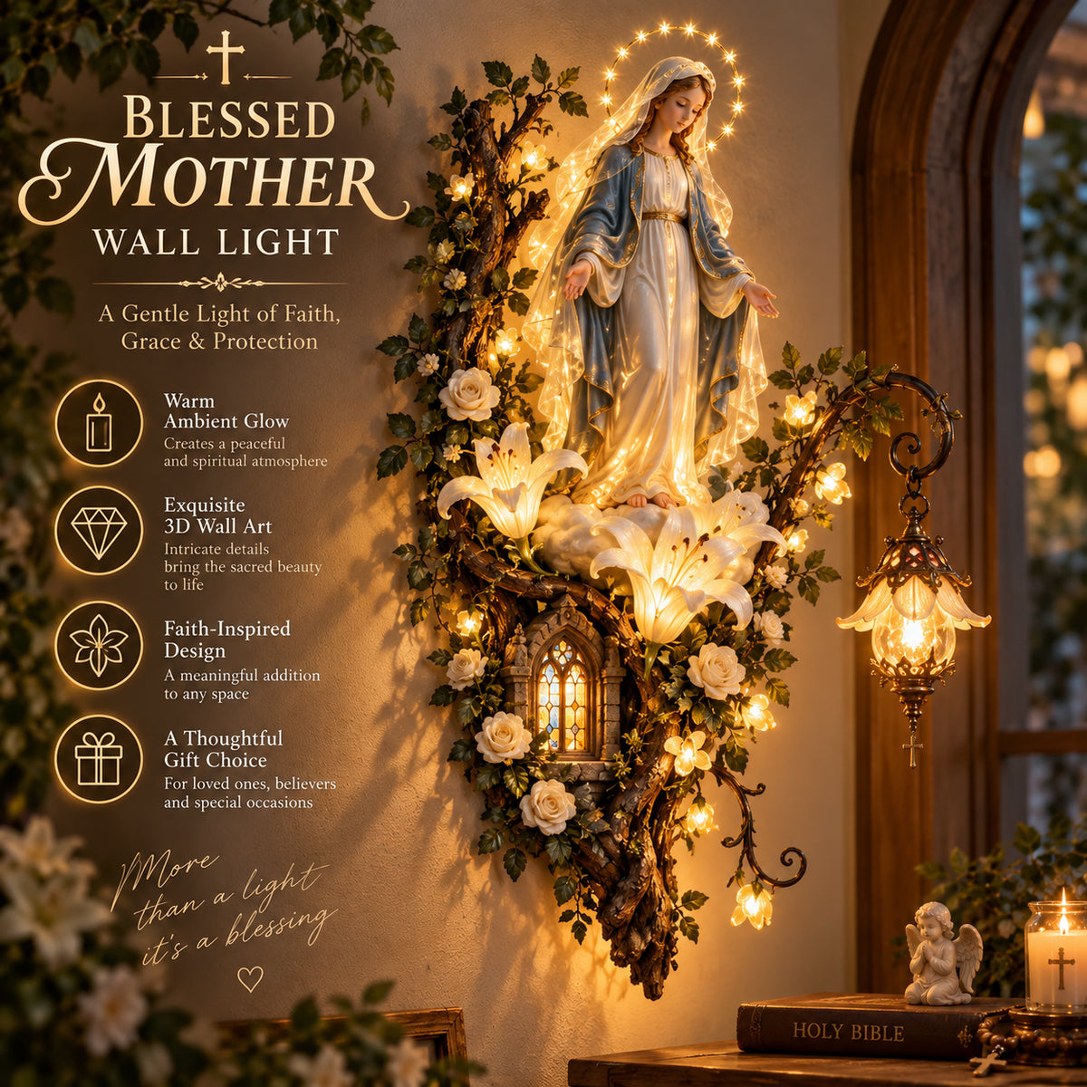 🙏✨ Blessed Mother Lighted Wall Décor | Virgin Mary 3D Religious Wall Art with Warm Ambient Glow