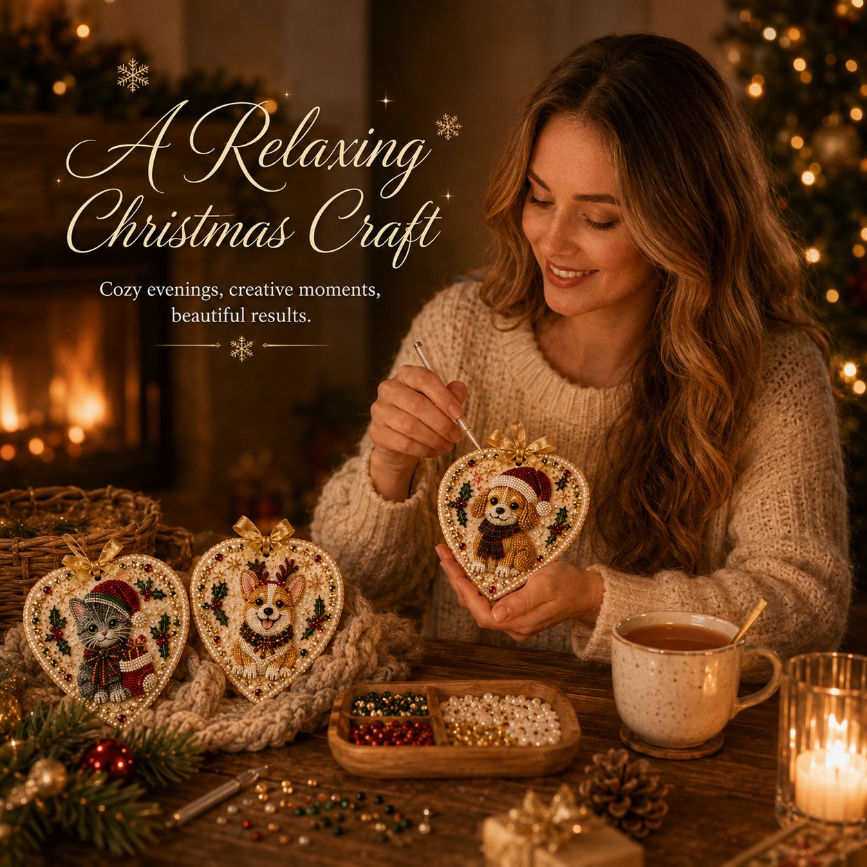 ⏳ Last Day 49% OFF – 🎄Beginner-Friendly DIY Pearl & Gem Christmas Heart Ornament Kit Collection | Complete Kit with Pearl-Style Beads, Gem Accents & Hanging Ribbon Included 💕