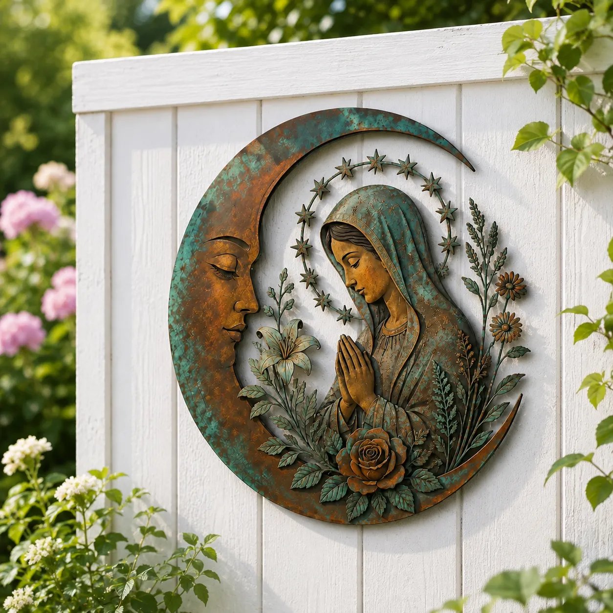 🌙 Crescent Moon Marian Botanical Metal Wall Art | Layered Virgin Mary, Raised Roses & Stars with Turquoise Patina and Copper-Tone Finish ✨