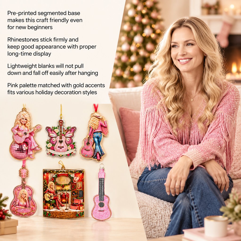 ✨Pink Country‑Music Themed DIY Diamond Painting Ornament Set of 6 ✨Handmade Rhinestone Hanging Decor for Home Door & Wall