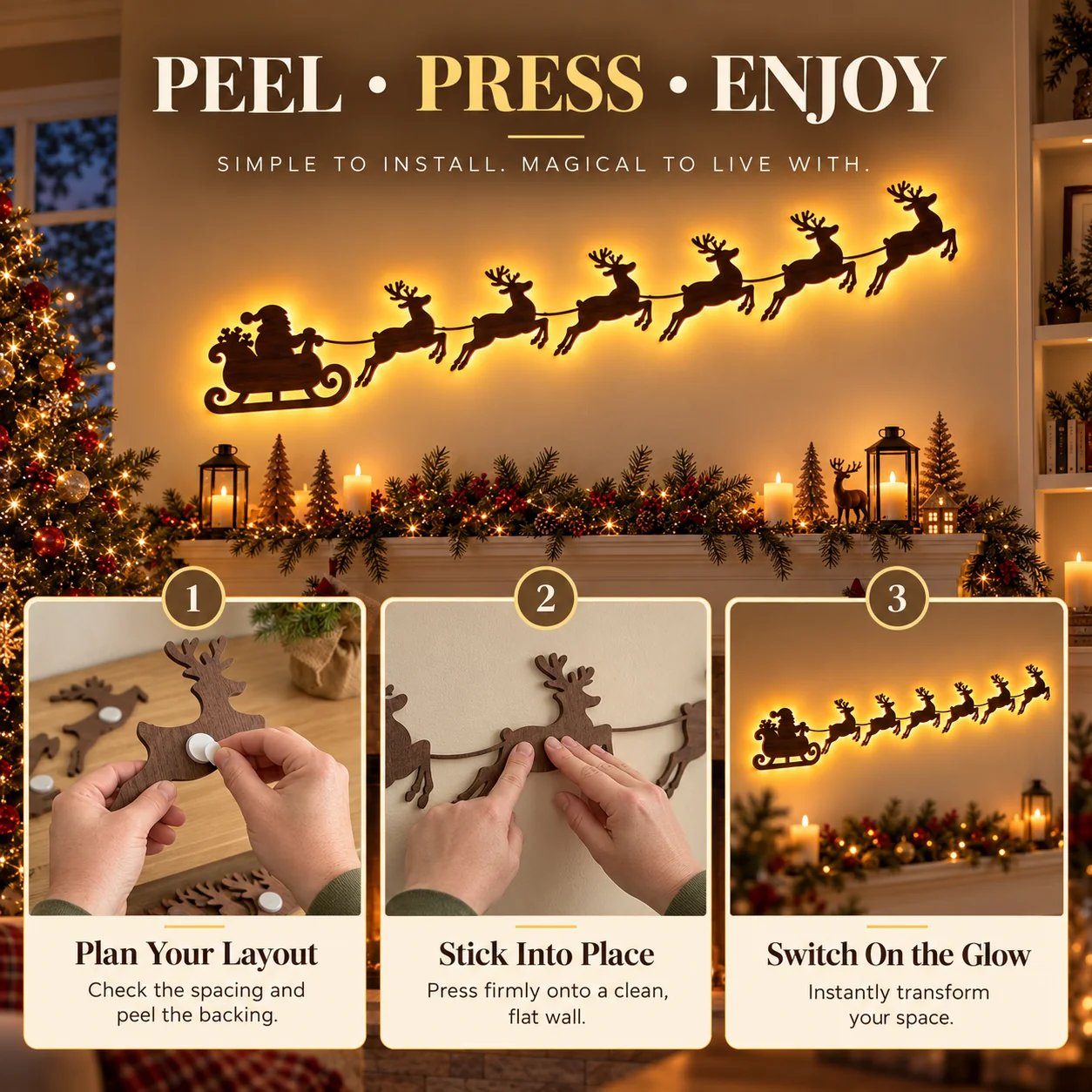 🦌 Santa Sleigh & 6 Reindeer LED Wall Display – Warm Christmas Glow