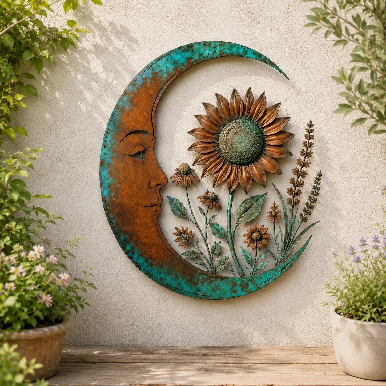 🌙 Crescent Moon Marian Botanical Metal Wall Art | Layered Virgin Mary, Raised Roses & Stars with Turquoise Patina and Copper-Tone Finish ✨