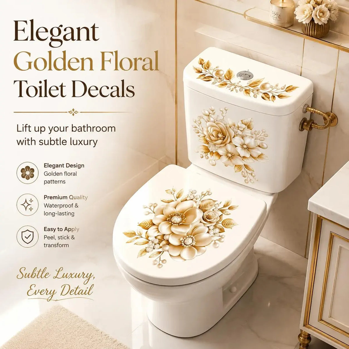 🌸3 Piece Golden Floral Toilet Stickers – Pearl-Inspired Bathroom Decals