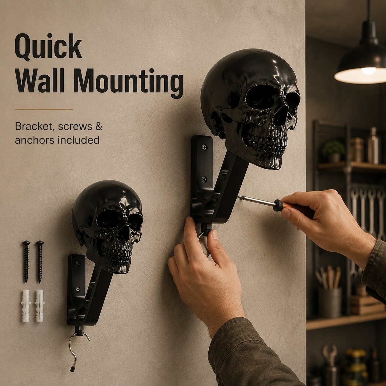 Installation and mounting details for skull helmet hanger
