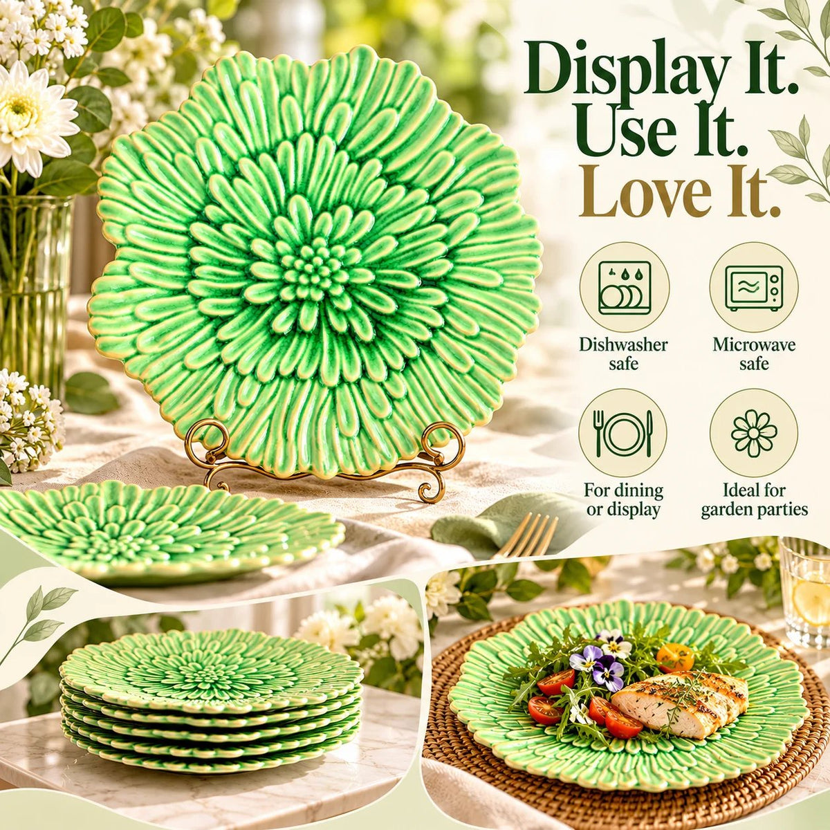 Vintage Green Embossed Chrysanthemum Dinner Plate, Majolica Style Ceramic, 11 Inch
