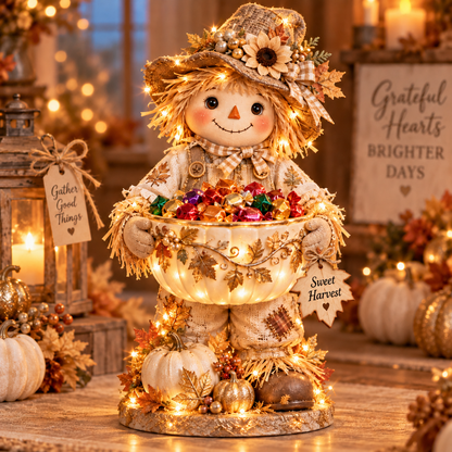 🍂 Lighted Scarecrow Candy Bowl | Harvest Table Decor