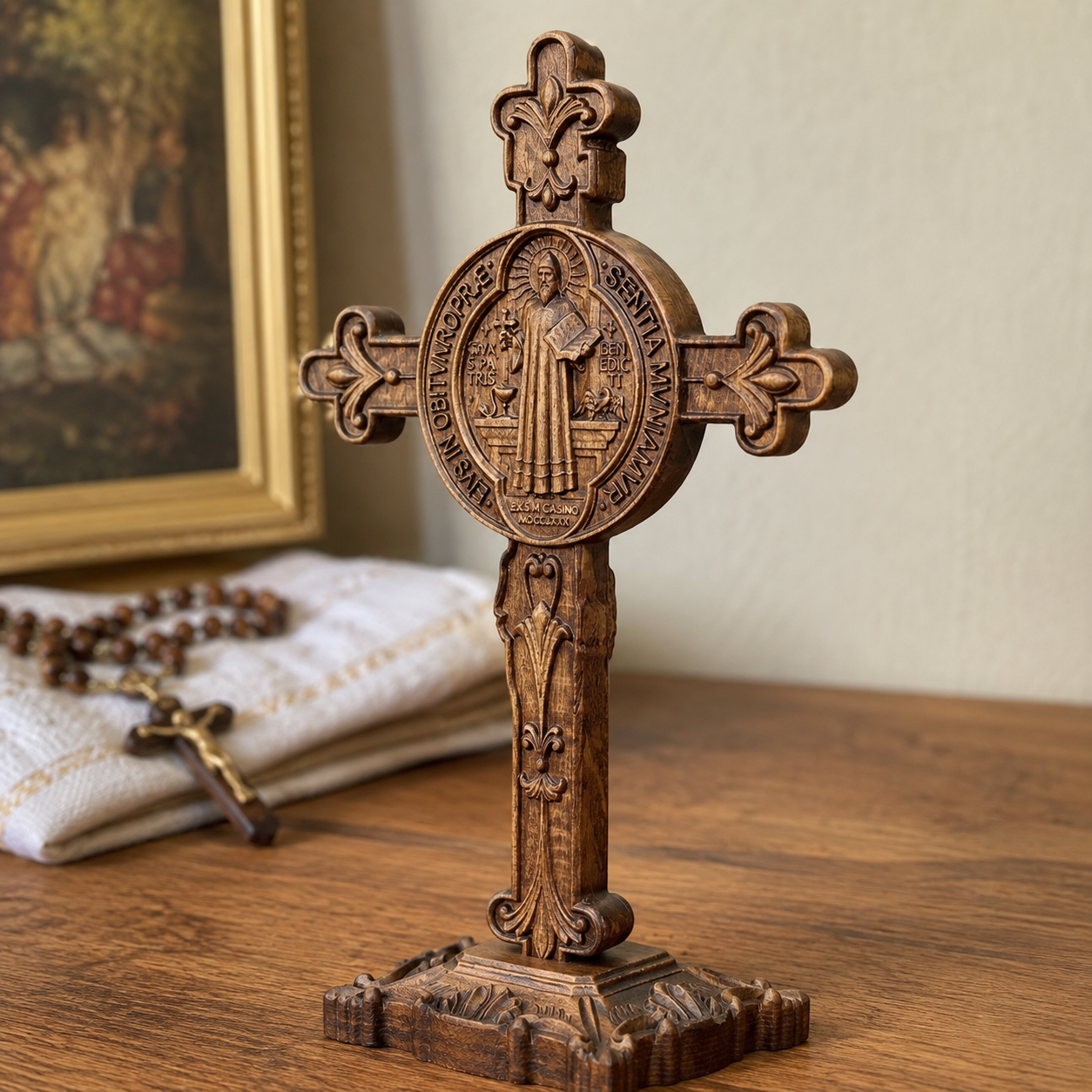 Hand-Carved Beechwood Saint Benedict Crucifix – Double-Sided Christian Standing Cross