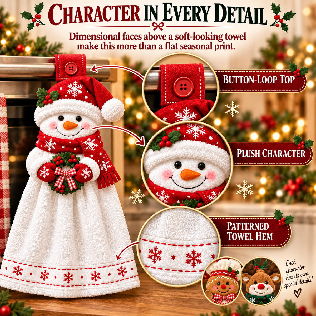 🎄 Christmas Hanging Hand Towel | Button-On Loop Keeps It Within Reach