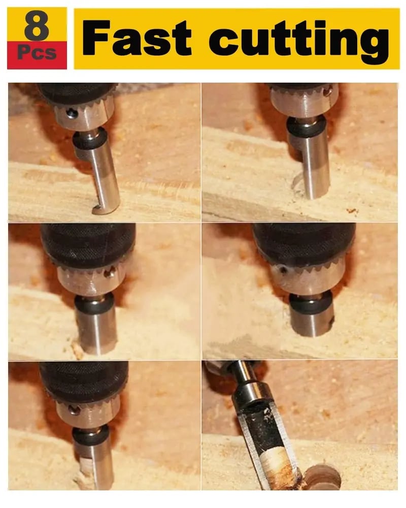 8Pcs Wood Plug Cutter Drill Bit Set | Straight & Tapered Wood Hole Plug Making Bits