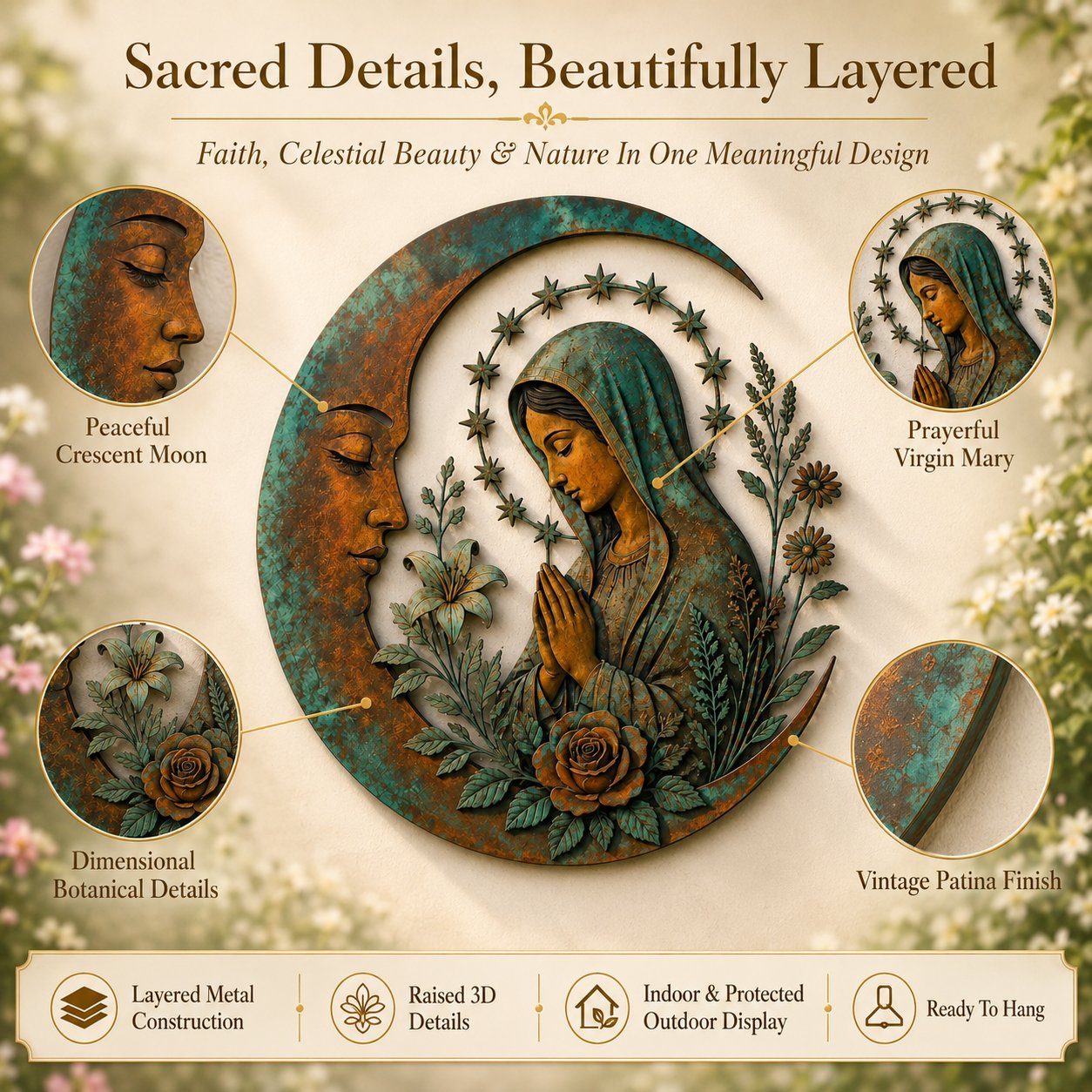 🌙 Crescent Moon Marian Botanical Metal Wall Art | Layered Virgin Mary, Raised Roses & Stars with Turquoise Patina and Copper-Tone Finish ✨