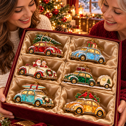 Vintage Christmas Rides – 6-Piece Stained-Glass Style Car Ornament Set
