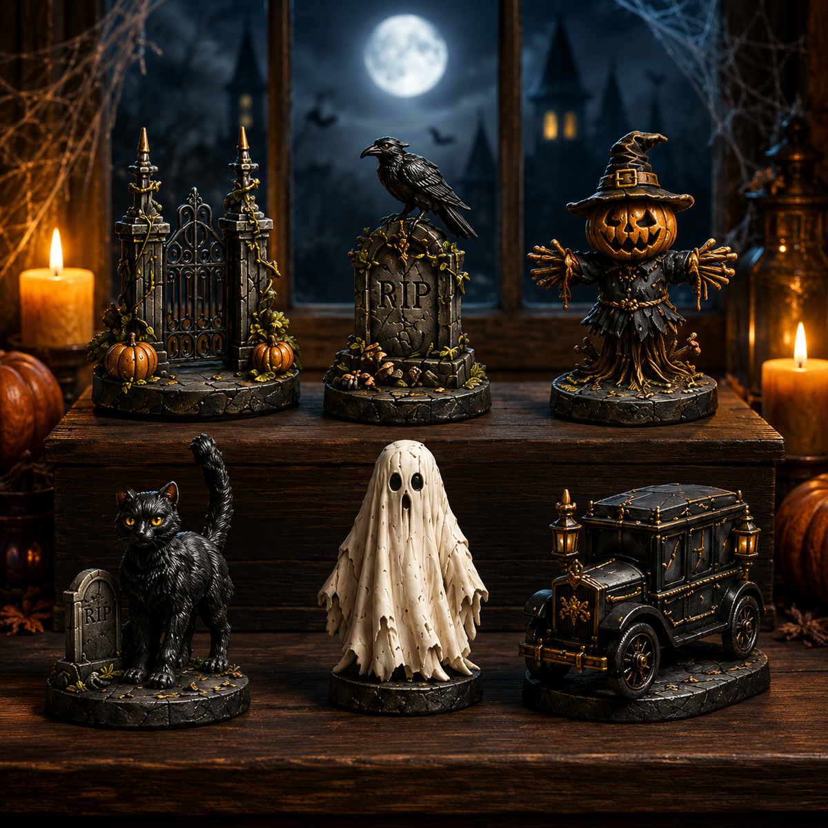 Raven tombstone pumpkin scarecrow black cat ghost and carriage