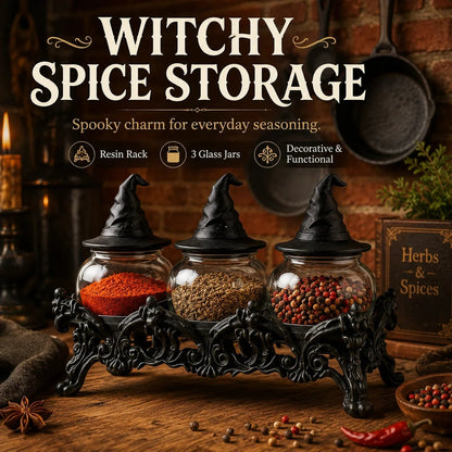 🧙‍♀️Witch-Hat Gothic Spice Jar Set — Ornate Resin Rack + 3 Glass Jars