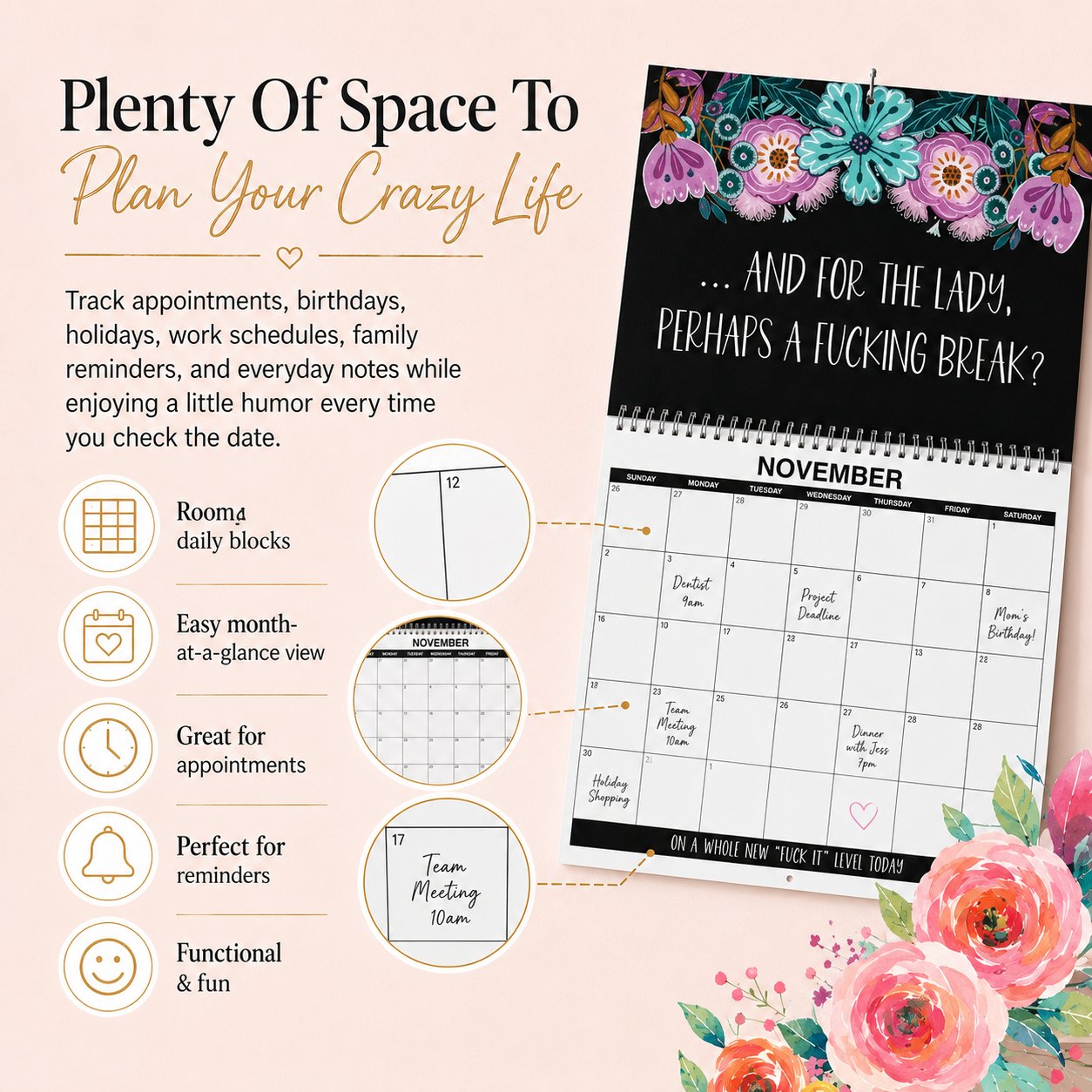 🌸🗓️ 2027 Funny Swear Word Wall Calendar – “F*ck It” Floral Calendar for Tired-Ass Women 😂✨