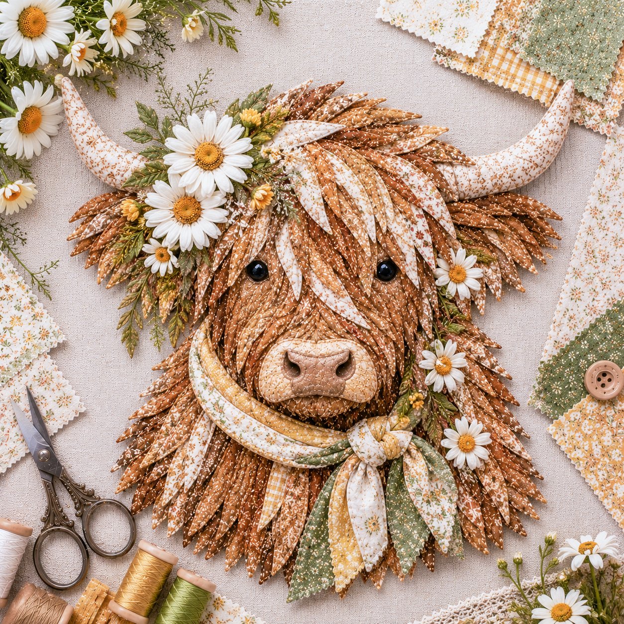 🐮💐🌸 Birth Flower Highland Cow 3D Layered Fabric Art DIY Kit (Beginner-friendly)
