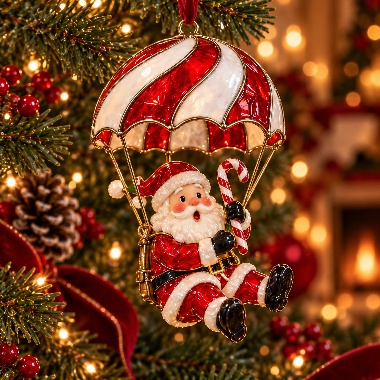 Candy Cane Santa ornament red white parachute
