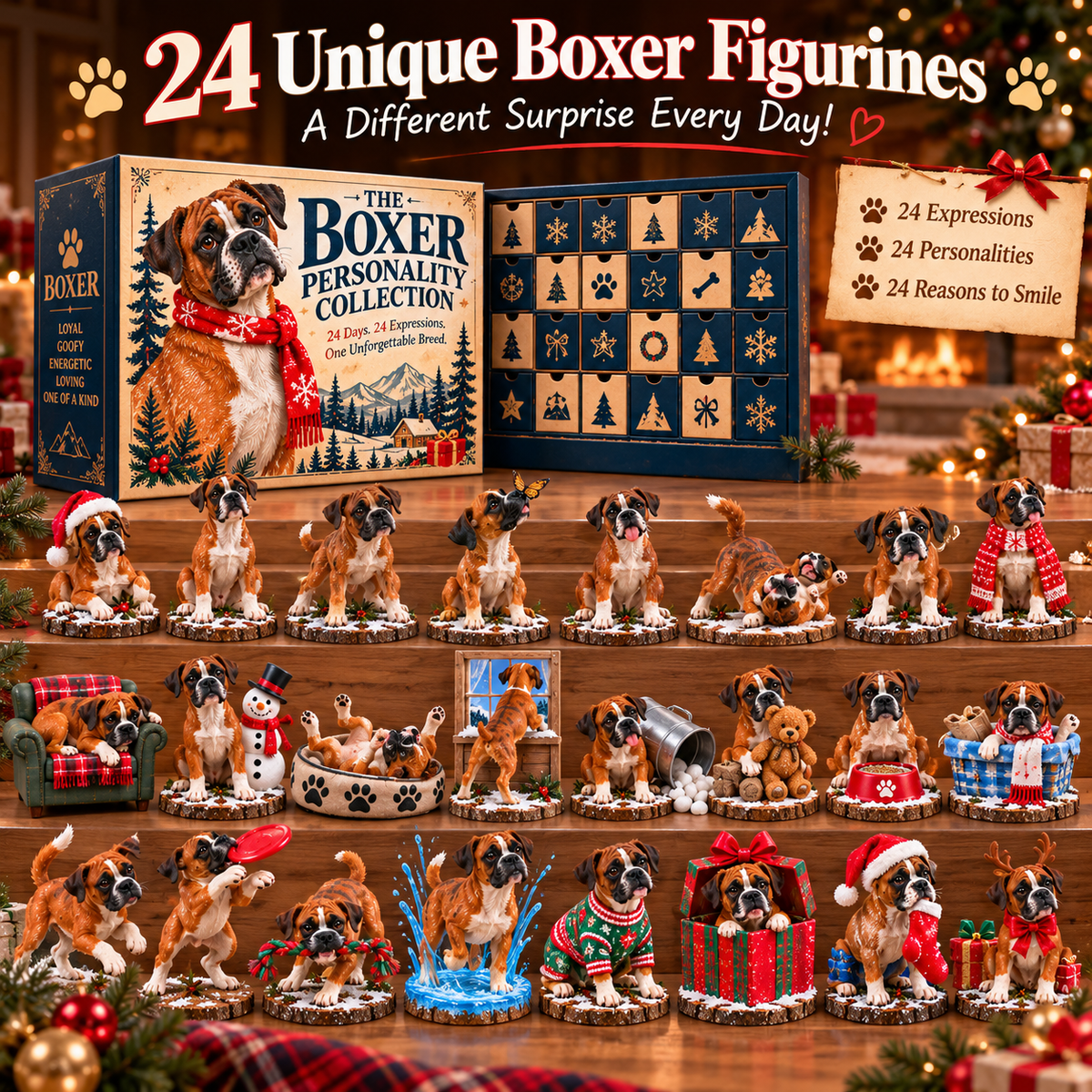 🐾🎄 – 24-Day Boxer Dog Christmas Advent Calendar with 24 Unique Collectible Figurines