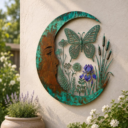 🌙 Crescent Moon Marian Botanical Metal Wall Art | Layered Virgin Mary, Raised Roses & Stars with Turquoise Patina and Copper-Tone Finish ✨