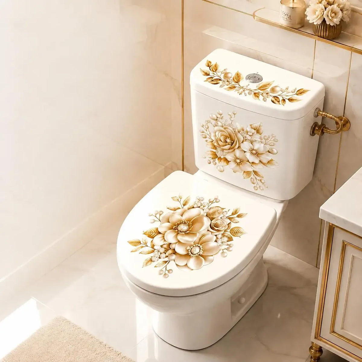 🌸3 Piece Golden Floral Toilet Stickers – Pearl-Inspired Bathroom Decals
