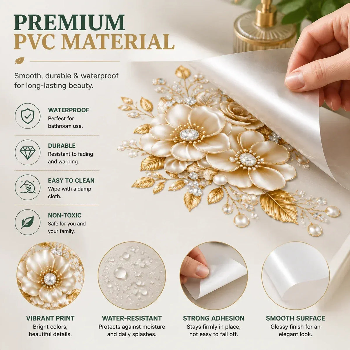 🌸3 Piece Golden Floral Toilet Stickers – Pearl-Inspired Bathroom Decals