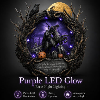 🦇Gothic Handcrafted Headless Horseman Mini Wreath With LED Purple Lights🎃