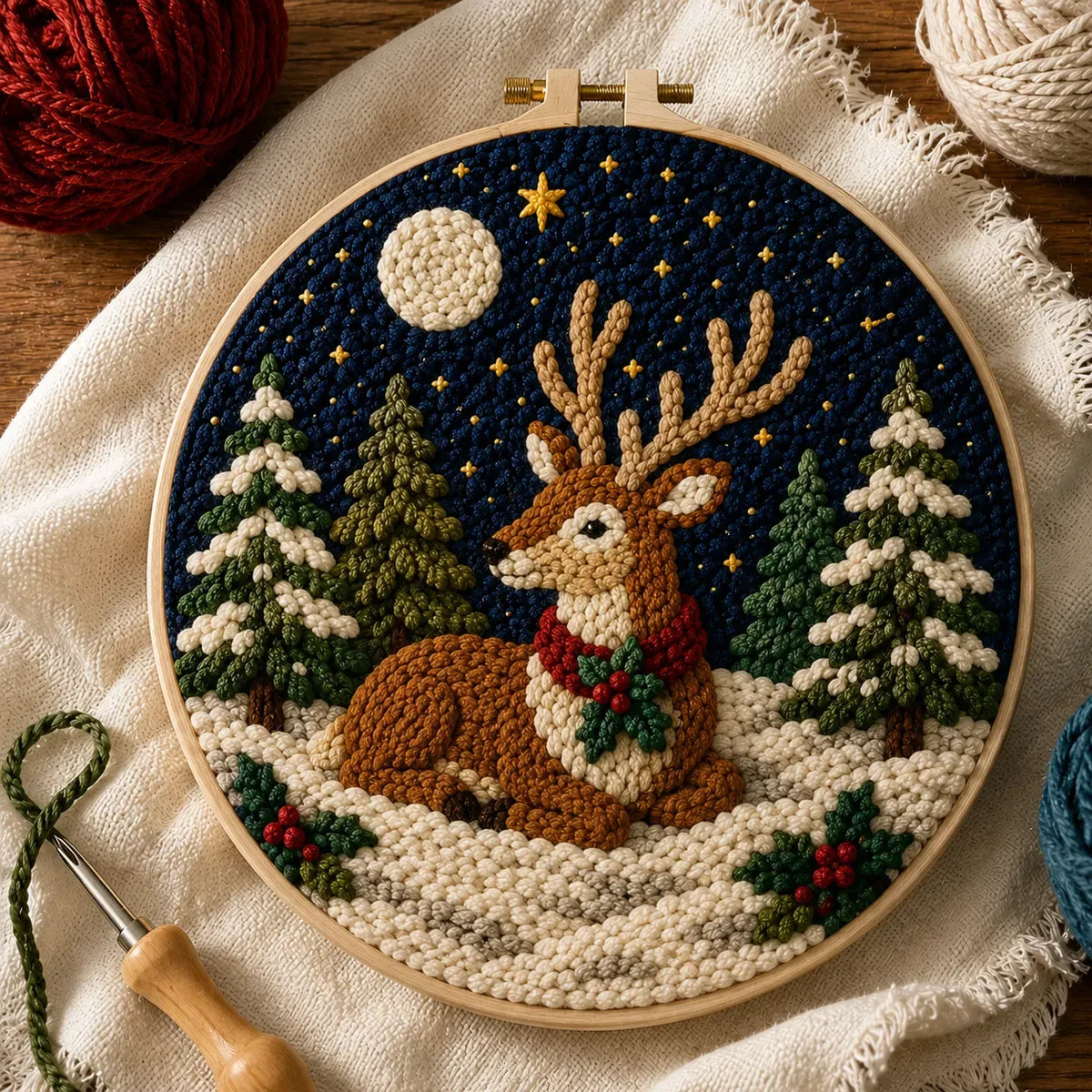 ⏳ Last Day 49% OFF – 🎄Beginner-Friendly Christmas Punch Needle DIY Kit | Complete Kit with Pre-Printed Fabric, Wooden Hoop, Thick Yarn, Punch Needle Tool & Step-by-Step Guide Included 💕