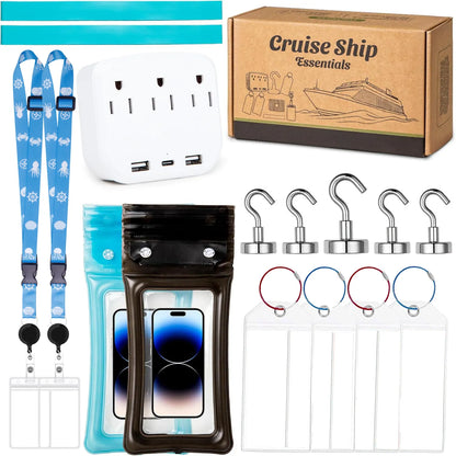 Cruise Essentials 2026- Cruise Must Haves Kit with Non-Surge Protector Power Strip, Lanyard with ID Holder, Magnetic Hooks, Luggage Tag Set, Towel Bands, Waterproof Phone Holder