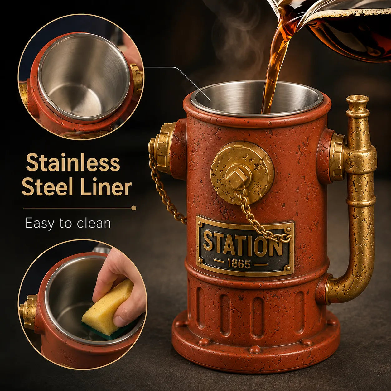 ⏳ Last Day 49% OFF – 🚒 Vintage Fire Hydrant Coffee Mug | Unique Firehouse-Inspired Design With Stainless Steel Liner & Pipe Handle For Firefighters, Collectors & Coffee Lovers ☕