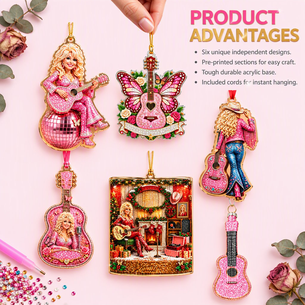 ✨Pink Country‑Music Themed DIY Diamond Painting Ornament Set of 6 ✨Handmade Rhinestone Hanging Decor for Home Door & Wall