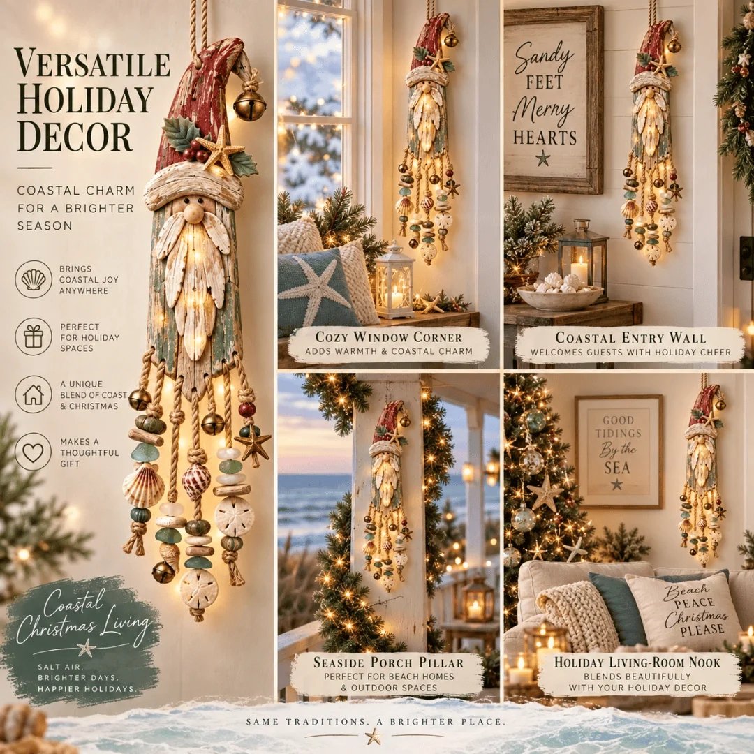 🔔🎄Vintage Coastal Santa Lighted Wall Decor – Beach House Christmas Hanging with Starfish, Shells & Warm Glow🌙