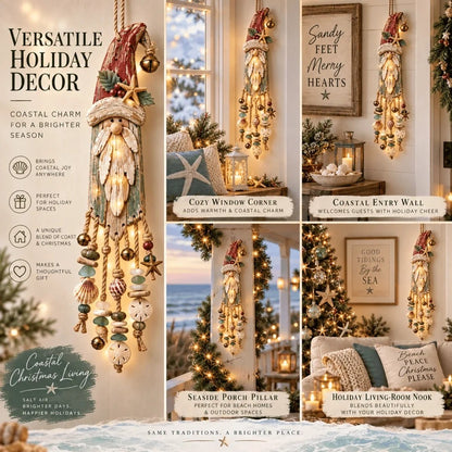 🔔🎄Vintage Coastal Santa Lighted Wall Decor – Beach House Christmas Hanging with Starfish, Shells & Warm Glow🌙