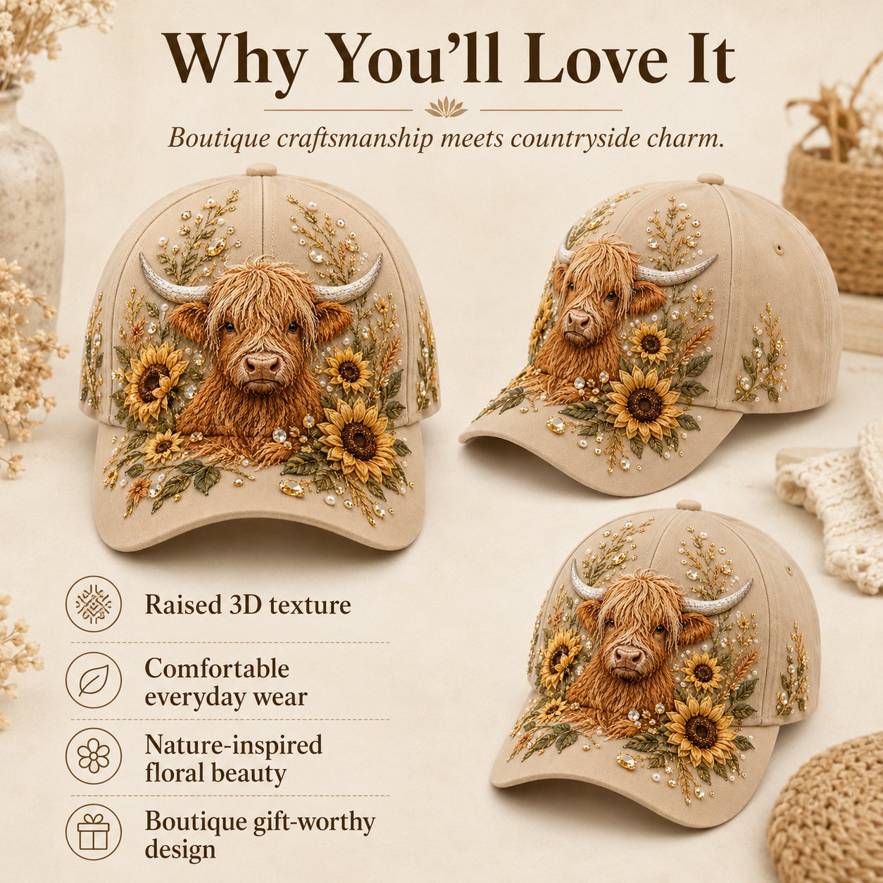 🔥LAST DAY 50% OFF -- 🦬3D Highland Cow Embroidery Cap🧢(Breathable & Lightweight Comfort & Unisex Fit)
